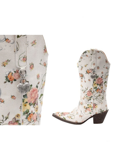 Floral Canvas Mid Calf Western Riding Boots【s0000012882】