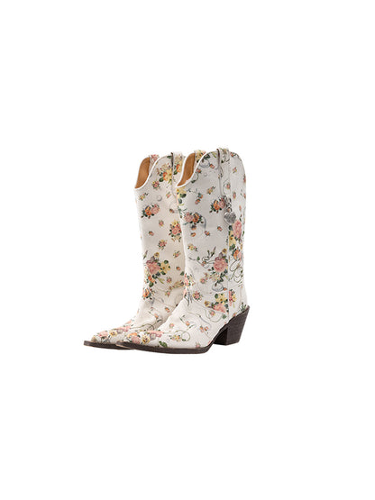 Floral Canvas Mid Calf Western Riding Boots【s0000012882】
