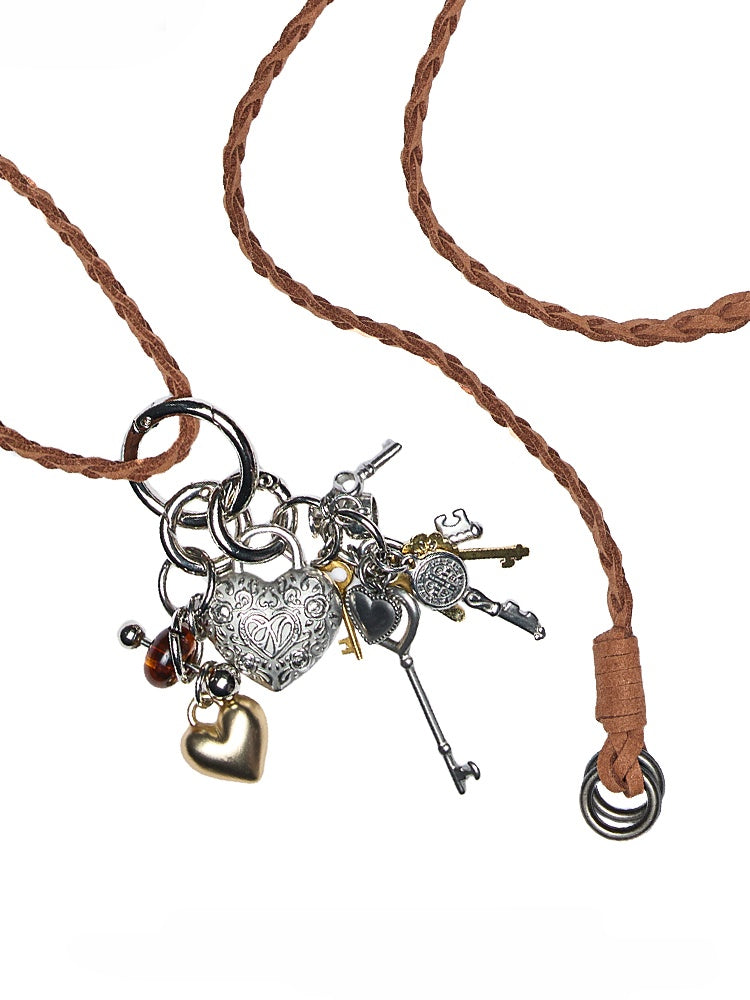 Braided Leather Rope Metal Love Key Adjustable Long Necklace【s0000012883】
