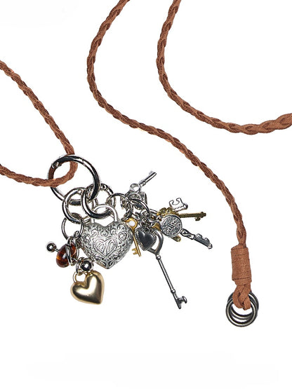 Braided Leather Rope Metal Love Key Adjustable Long Necklace【s0000012883】