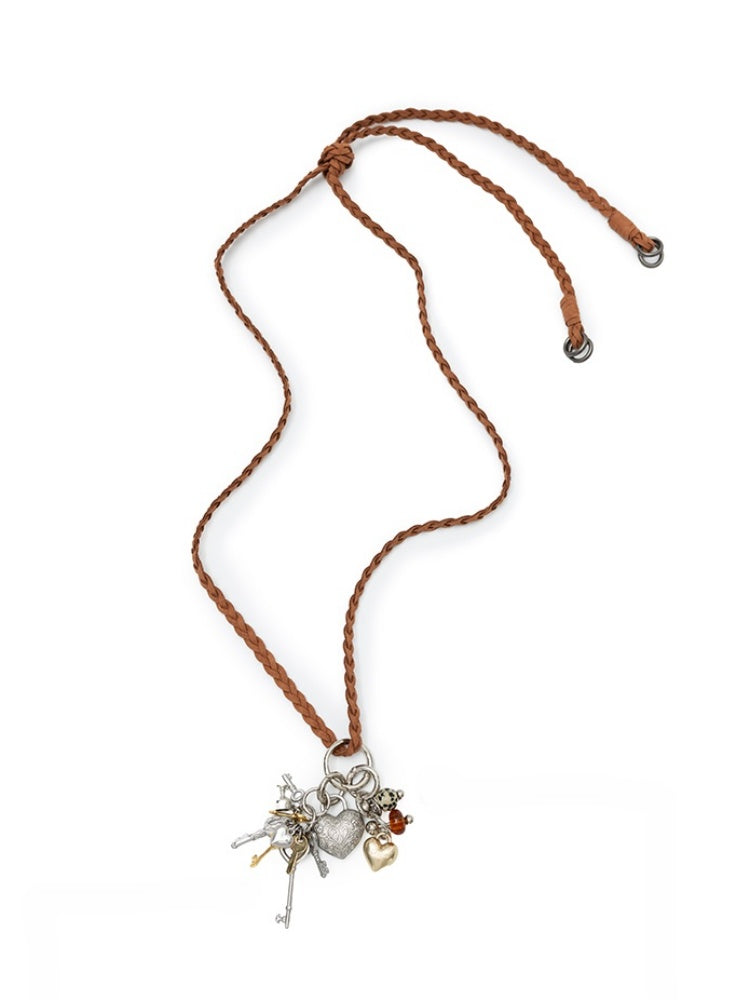 Braided Leather Rope Metal Love Key Adjustable Long Necklace【s0000012883】
