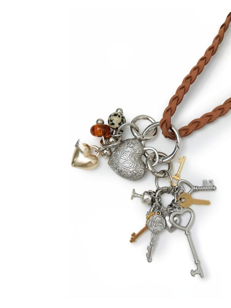 Braided Leather Rope Metal Love Key Adjustable Long Necklace【s0000012883】