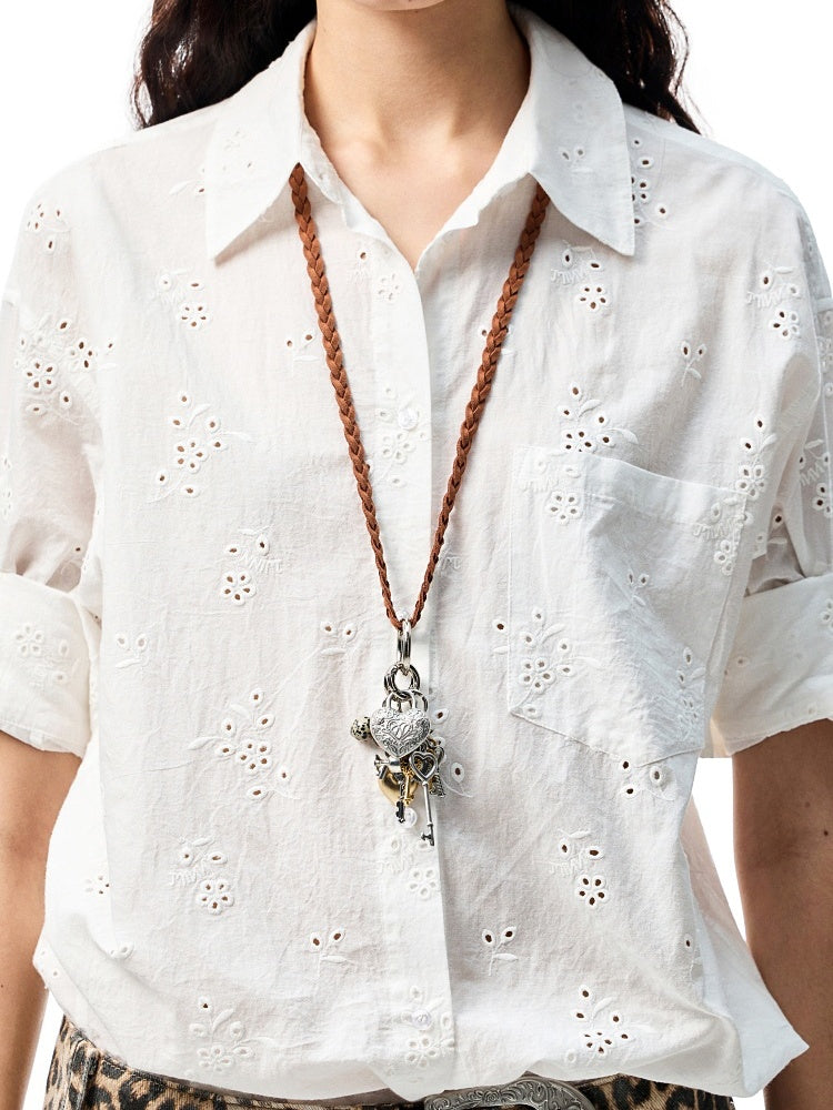 Braided Leather Rope Metal Love Key Adjustable Long Necklace【s0000012883】