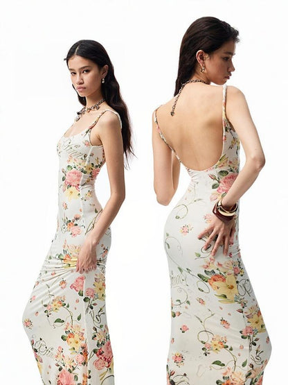 Floral Print Knot-Straps Backless Cinched Waist Maxi Dress【s0000012884】