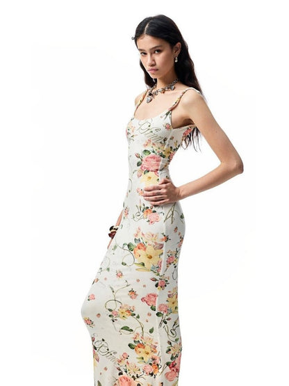 Floral Print Knot-Straps Backless Cinched Waist Maxi Dress【s0000012884】