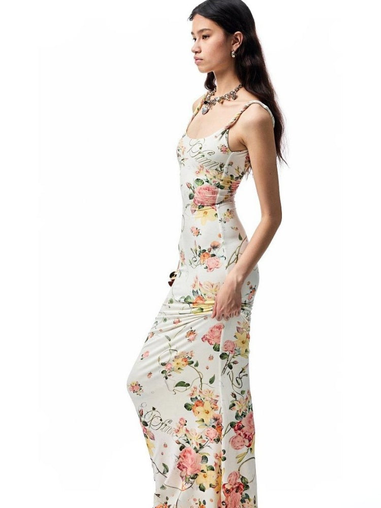 Floral Print Knot-Straps Backless Cinched Waist Maxi Dress【s0000012884】
