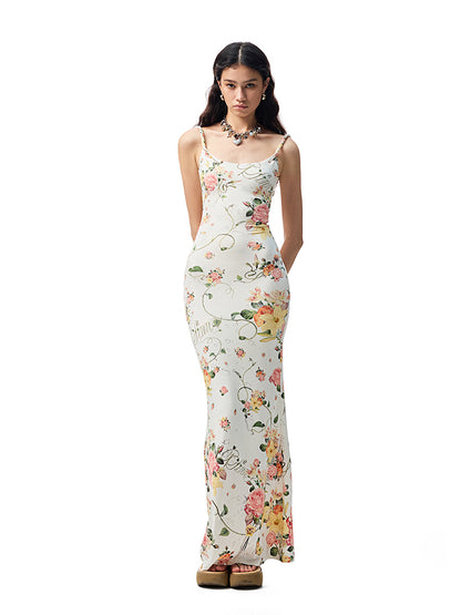 Floral Print Knot-Straps Backless Cinched Waist Maxi Dress【s0000012884】