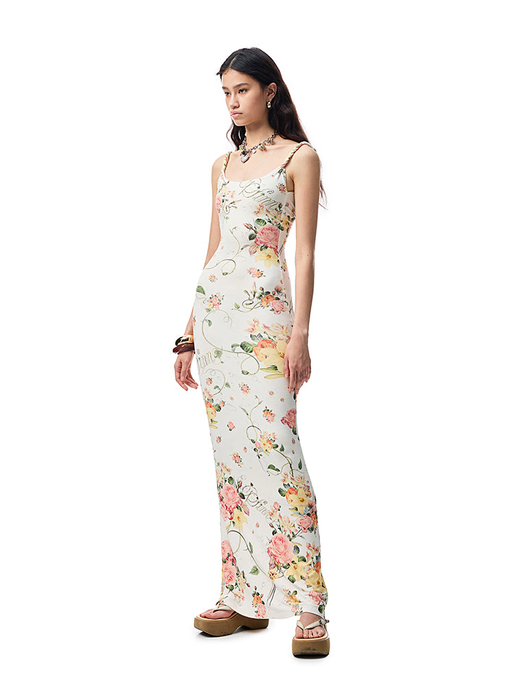 Floral Print Knot-Straps Backless Cinched Waist Maxi Dress【s0000012884】