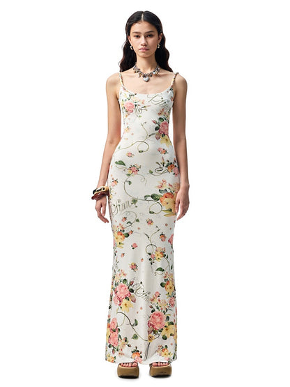 Floral Print Knot-Straps Backless Cinched Waist Maxi Dress【s0000012884】