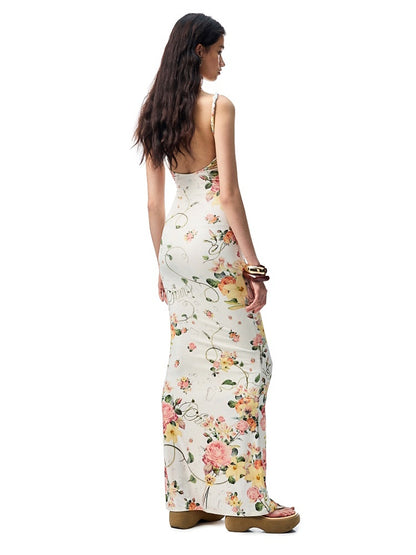 Floral Print Knot-Straps Backless Cinched Waist Maxi Dress【s0000012884】