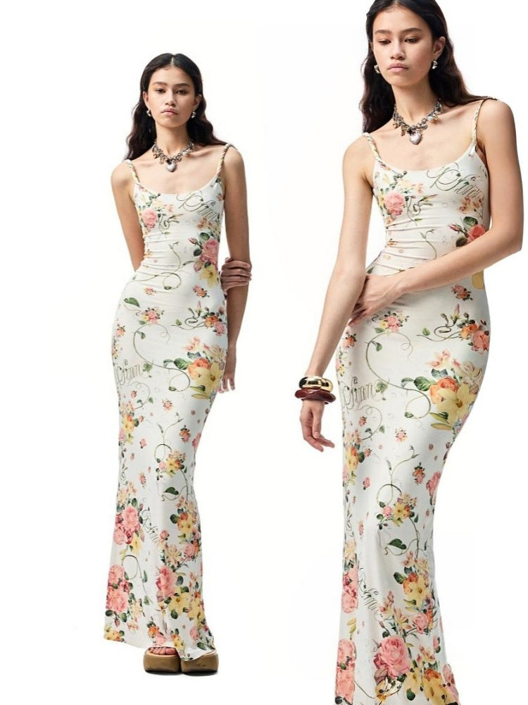 Floral Print Knot-Straps Backless Cinched Waist Maxi Dress【s0000012884】
