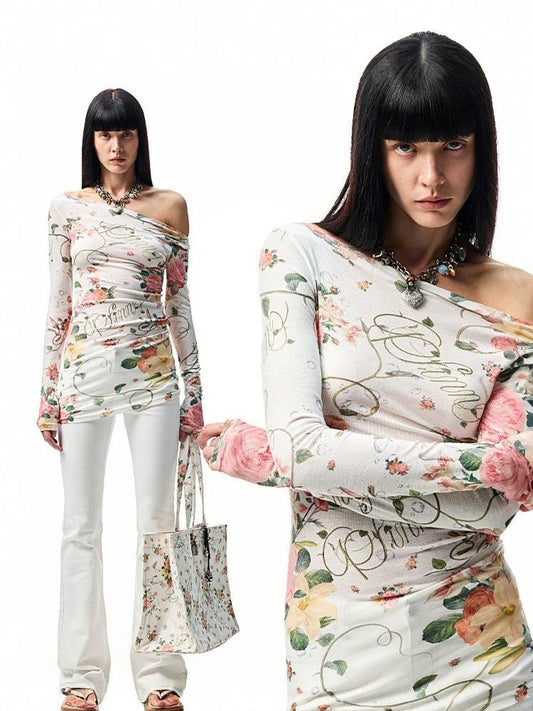 Floral All Over Print Off Shoulder Sheer Midi Slim Long Sleeved Cover Up【s0000012886】