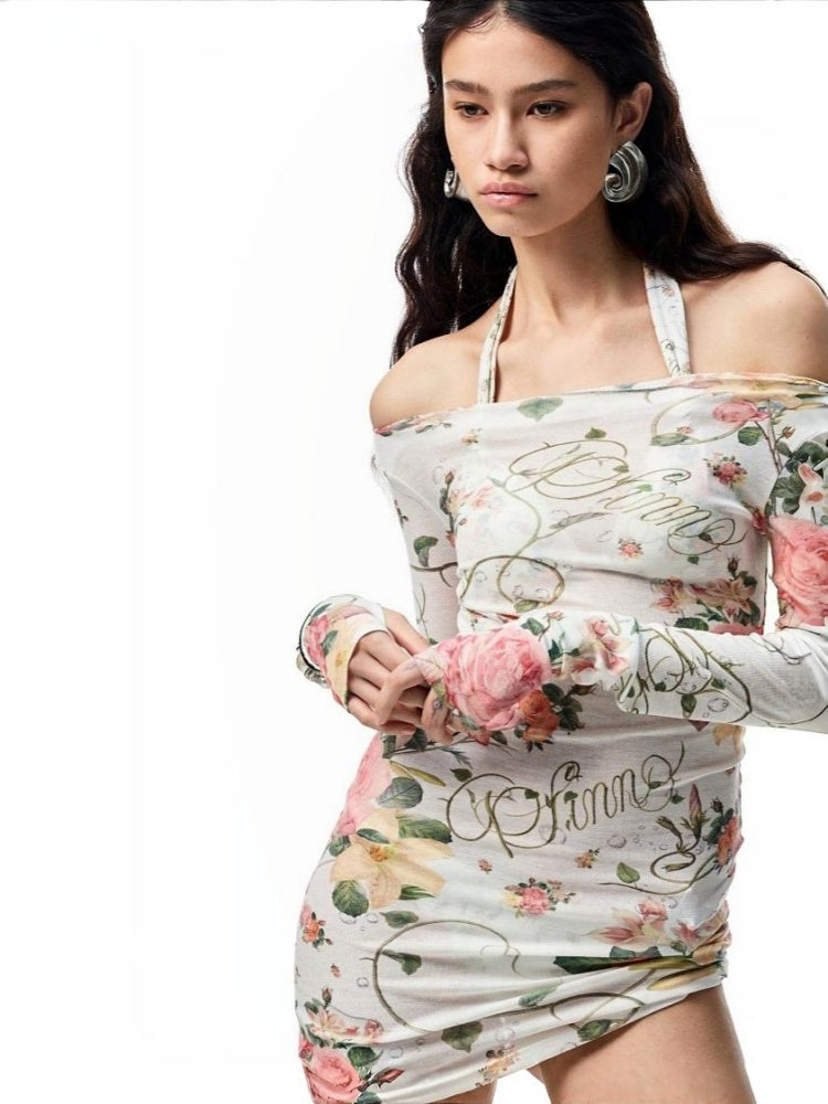 Floral All Over Print Off Shoulder Sheer Midi Slim Long Sleeved Cover Up【s0000012886】