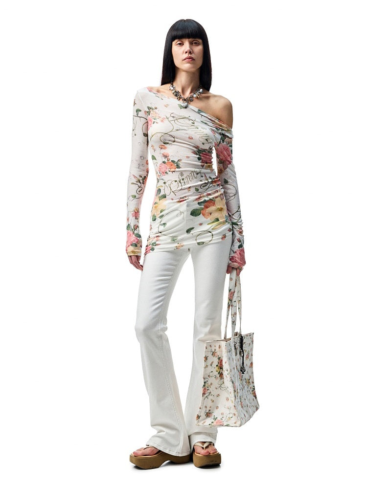 Floral All Over Print Off Shoulder Sheer Midi Slim Long Sleeved Cover Up【s0000012886】