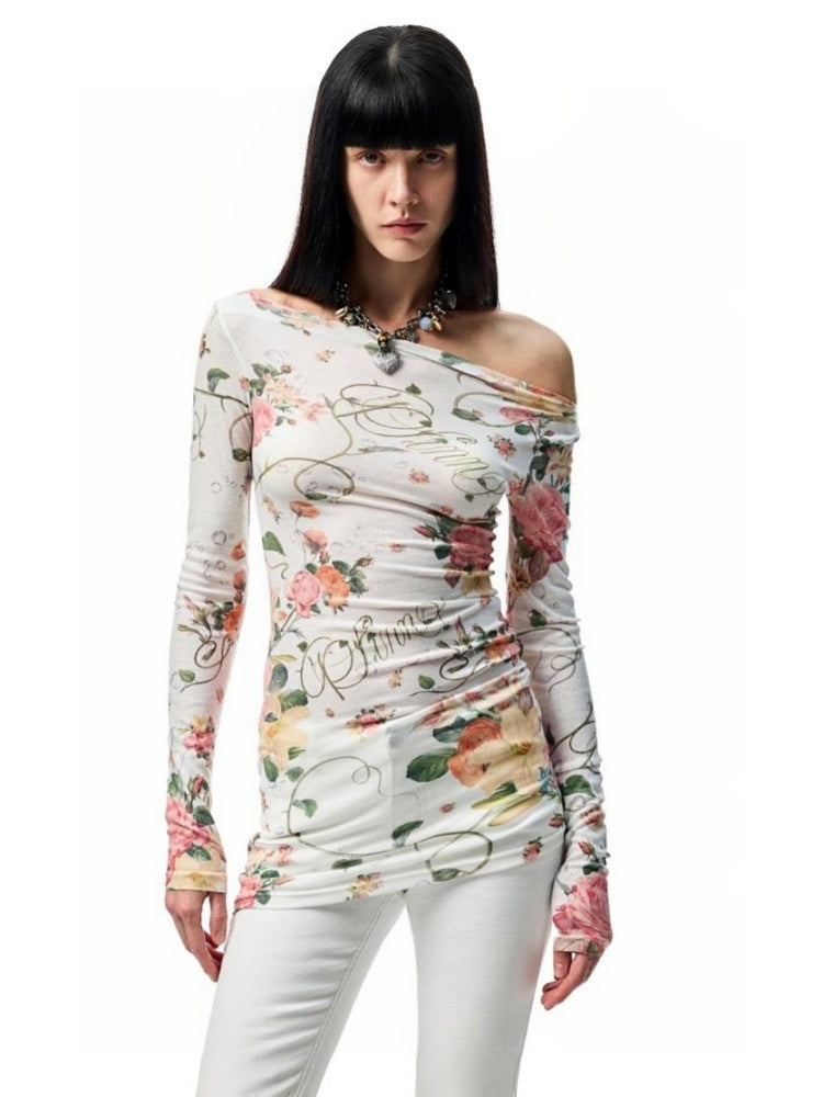 Floral All Over Print Off Shoulder Sheer Midi Slim Long Sleeved Cover Up【s0000012886】