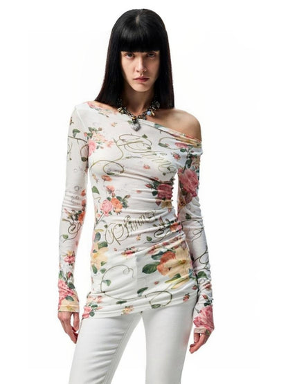 Floral All Over Print Off Shoulder Sheer Midi Slim Long Sleeved Cover Up【s0000012886】