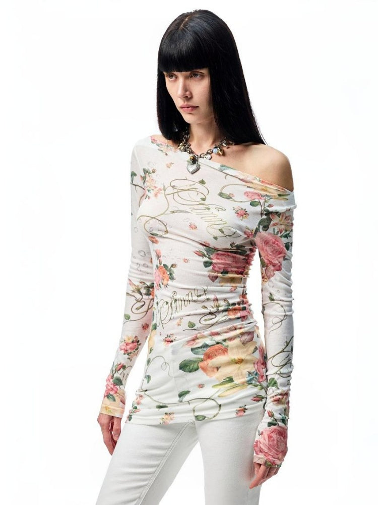 Floral All Over Print Off Shoulder Sheer Midi Slim Long Sleeved Cover Up【s0000012886】