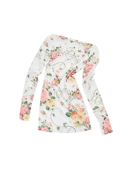 Floral All Over Print Off Shoulder Sheer Midi Slim Long Sleeved Cover Up【s0000012886】