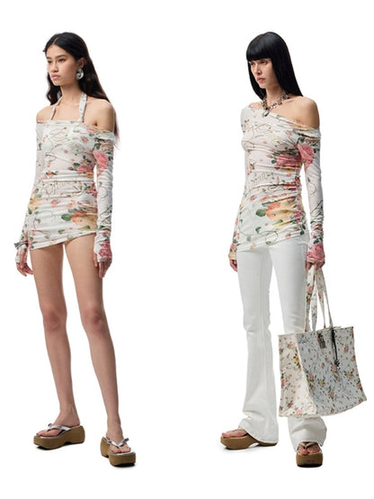 Floral All Over Print Off Shoulder Sheer Midi Slim Long Sleeved Cover Up【s0000012886】