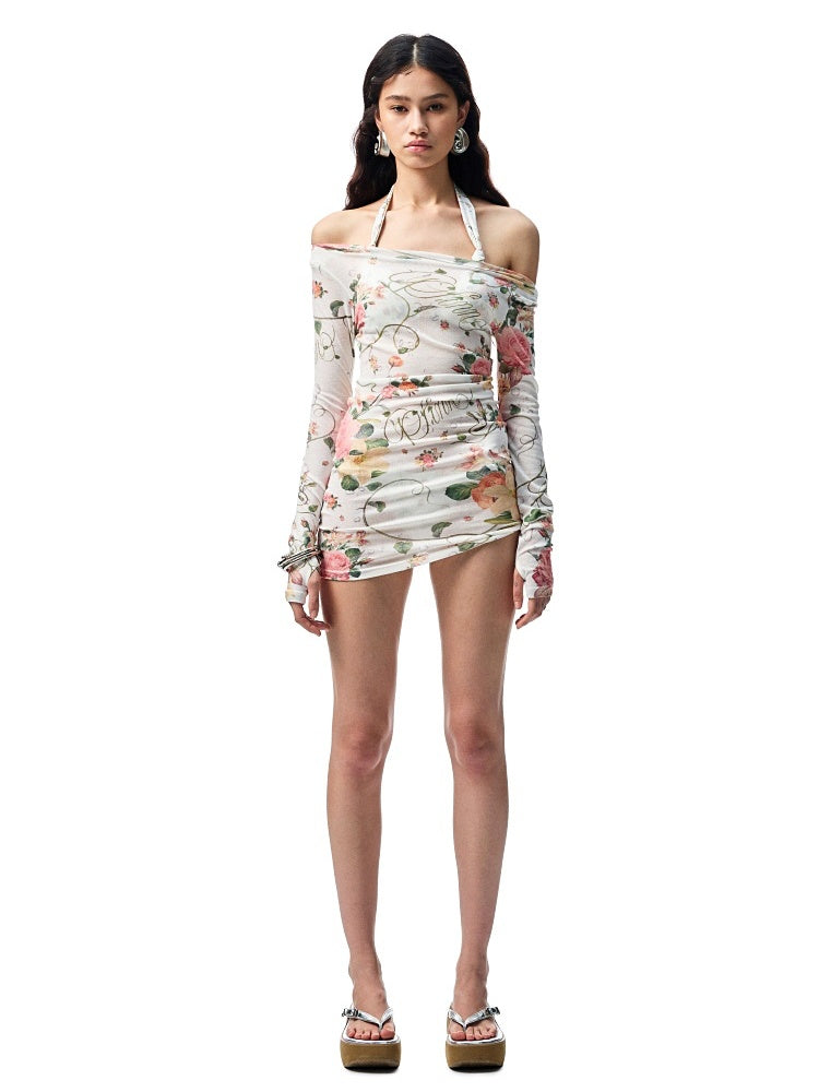 Floral All Over Print Off Shoulder Sheer Midi Slim Long Sleeved Cover Up【s0000012886】