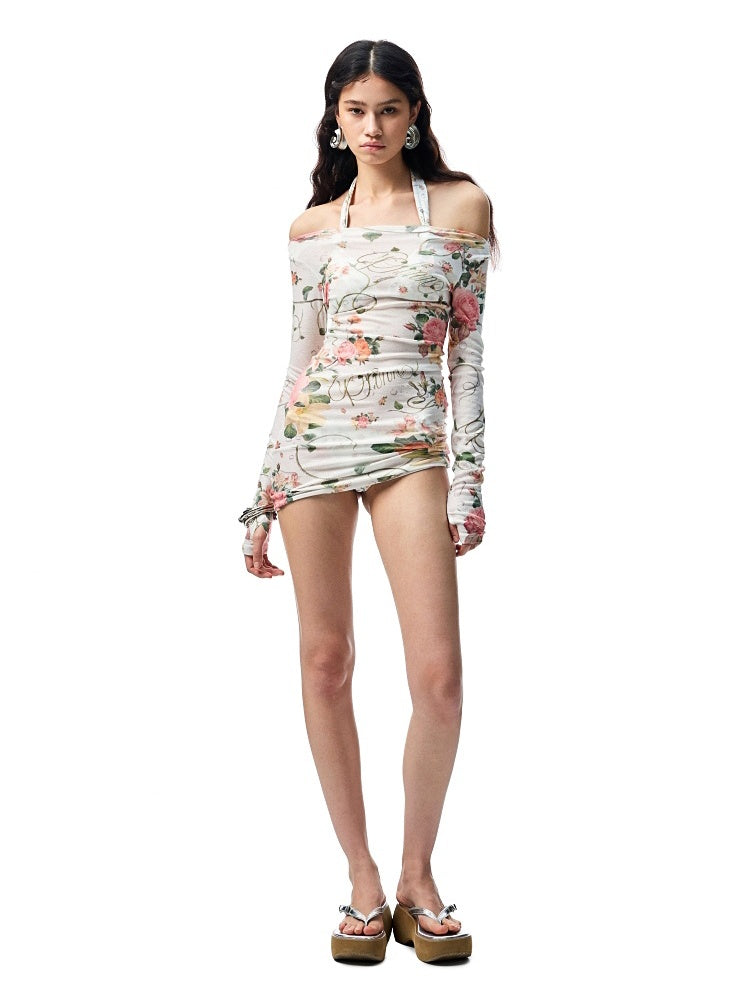 Floral All Over Print Off Shoulder Sheer Midi Slim Long Sleeved Cover Up【s0000012886】