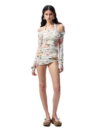 Floral All Over Print Off Shoulder Sheer Midi Slim Long Sleeved Cover Up【s0000012886】