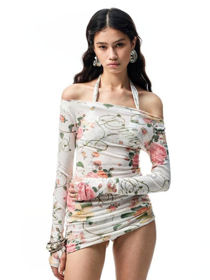 Floral All Over Print Off Shoulder Sheer Midi Slim Long Sleeved Cover Up【s0000012886】