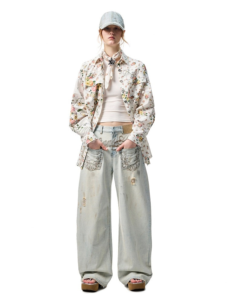 Patchwork Floral Washed Dropped Shoulders Loose Shirt【s0000012887】