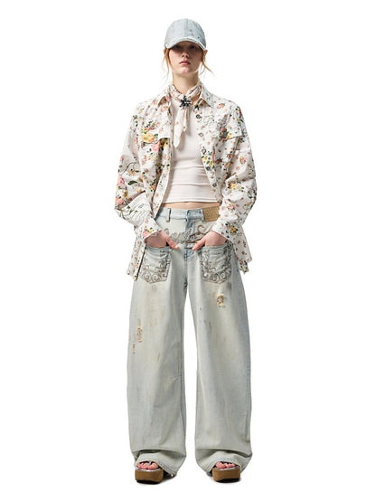 Patchwork Floral Washed Dropped Shoulders Loose Shirt【s0000012887】