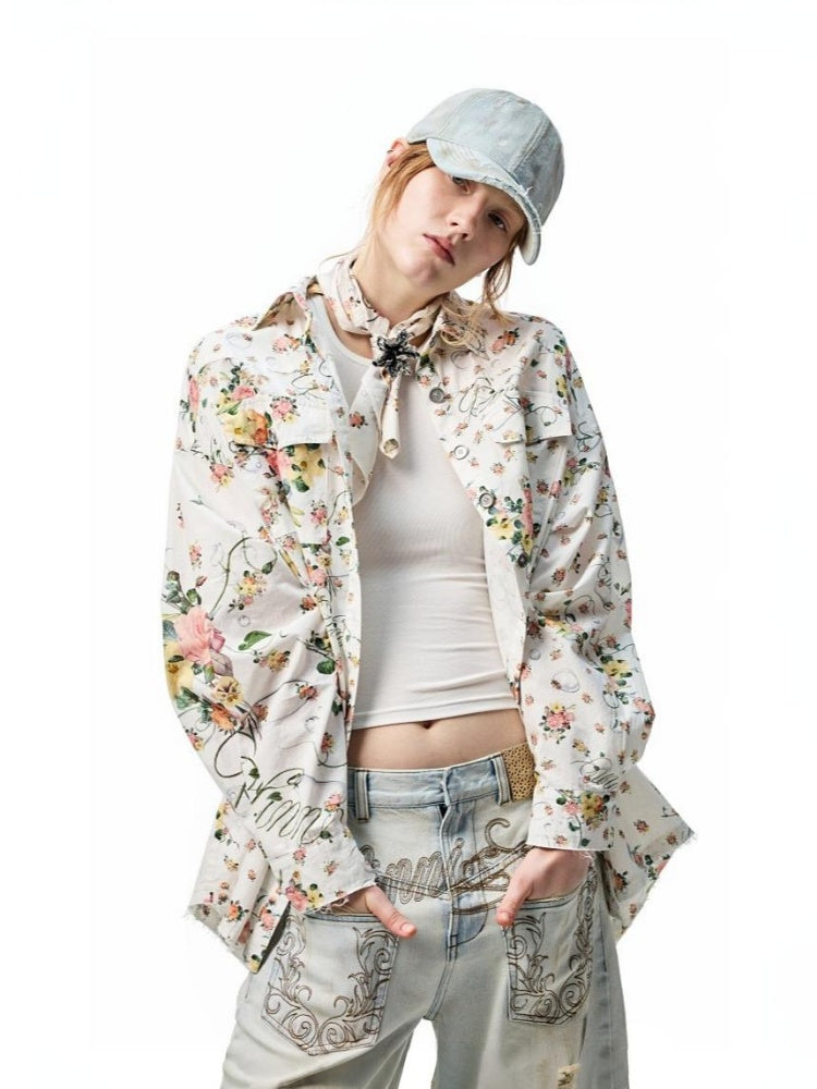 Patchwork Floral Washed Dropped Shoulders Loose Shirt【s0000012887】