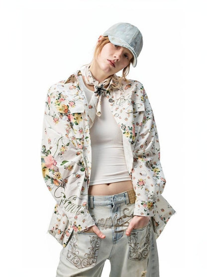 Patchwork Floral Washed Dropped Shoulders Loose Shirt【s0000012887】