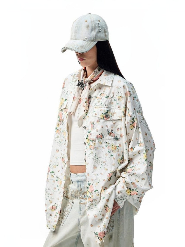 Patchwork Floral Washed Dropped Shoulders Loose Shirt【s0000012887】