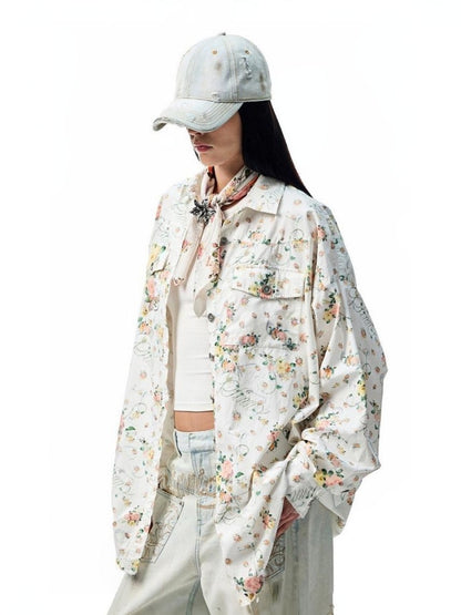 Patchwork Floral Washed Dropped Shoulders Loose Shirt【s0000012887】