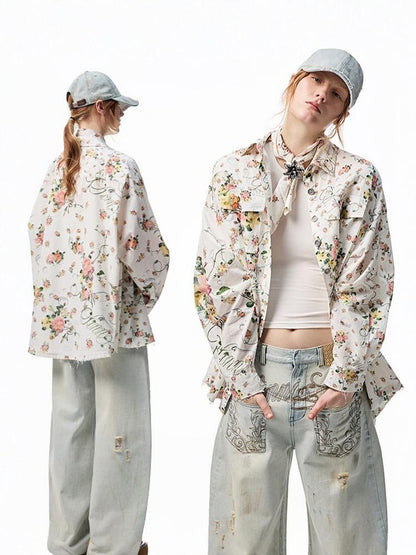 Patchwork Floral Washed Dropped Shoulders Loose Shirt【s0000012887】