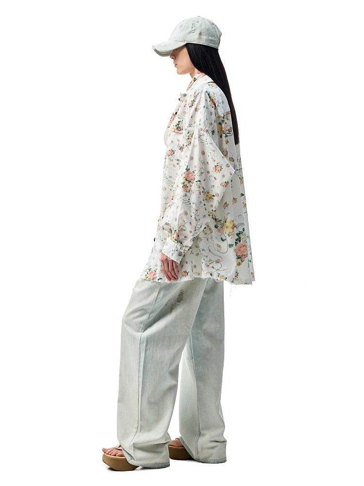Patchwork Floral Washed Dropped Shoulders Loose Shirt【s0000012887】