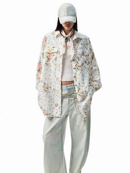 Patchwork Floral Washed Dropped Shoulders Loose Shirt【s0000012887】
