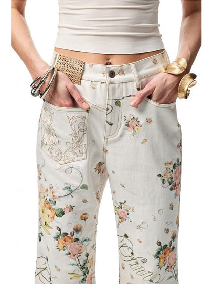 All Over Floral Print Canvas  Relaxed Straight Leg Casual Trousers【s0000012888】