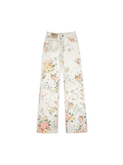 All Over Floral Print Canvas  Relaxed Straight Leg Casual Trousers【s0000012888】