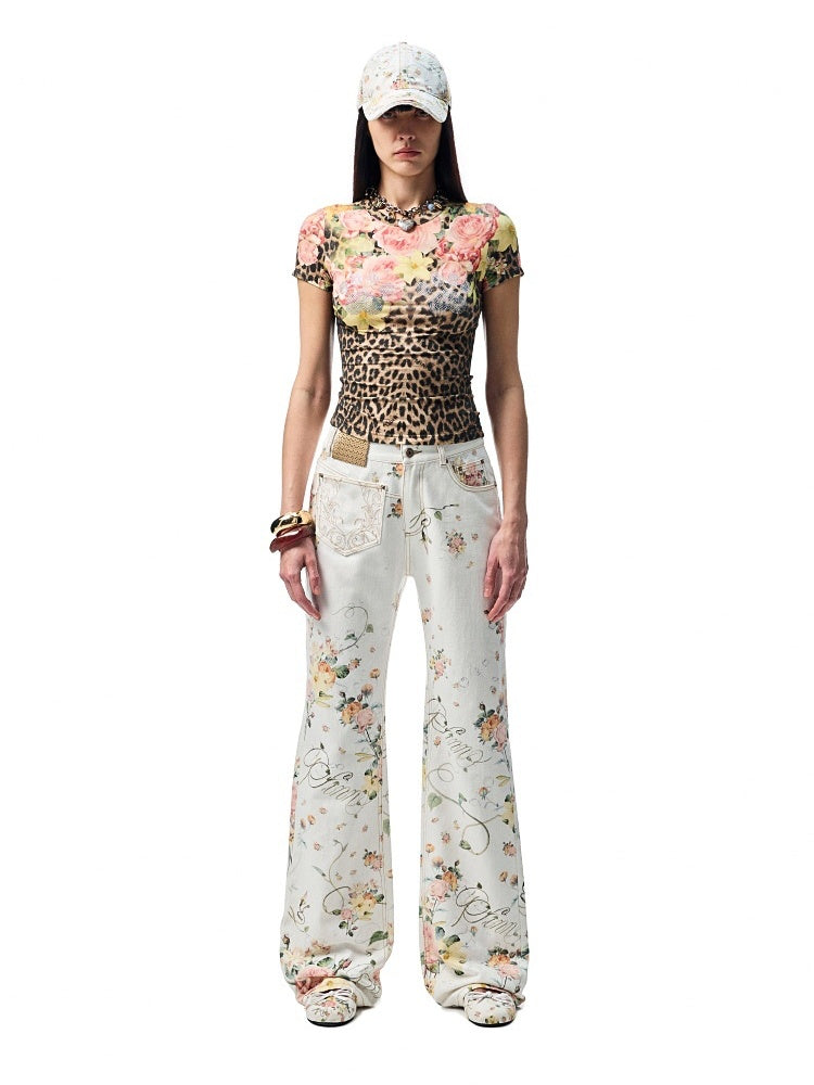 All Over Floral Print Canvas  Relaxed Straight Leg Casual Trousers【s0000012888】