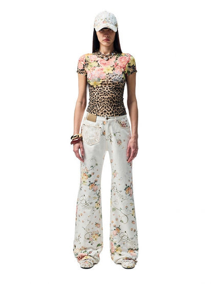 All Over Floral Print Canvas  Relaxed Straight Leg Casual Trousers【s0000012888】