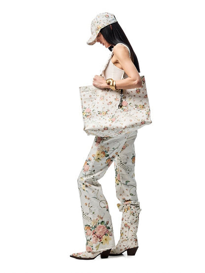 All Over Floral Print Canvas  Relaxed Straight Leg Casual Trousers【s0000012888】
