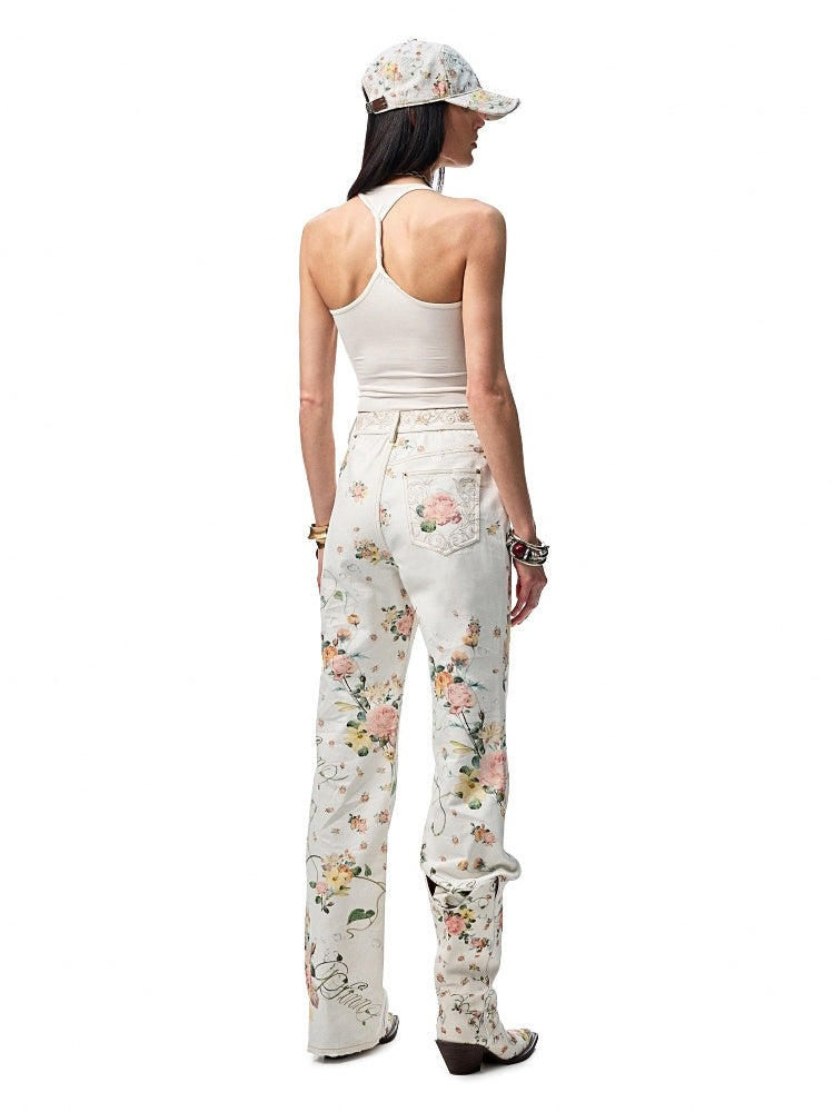 All Over Floral Print Canvas  Relaxed Straight Leg Casual Trousers【s0000012888】