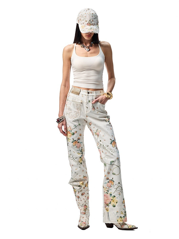 All Over Floral Print Canvas  Relaxed Straight Leg Casual Trousers【s0000012888】