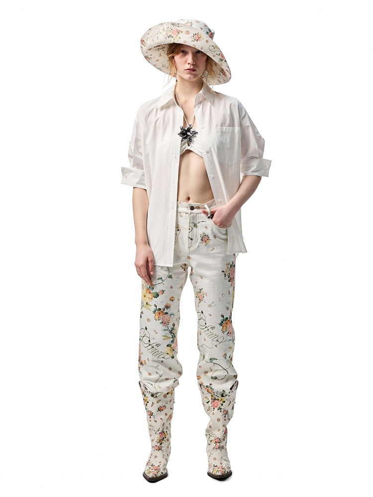 All Over Floral Print Canvas  Relaxed Straight Leg Casual Trousers【s0000012888】