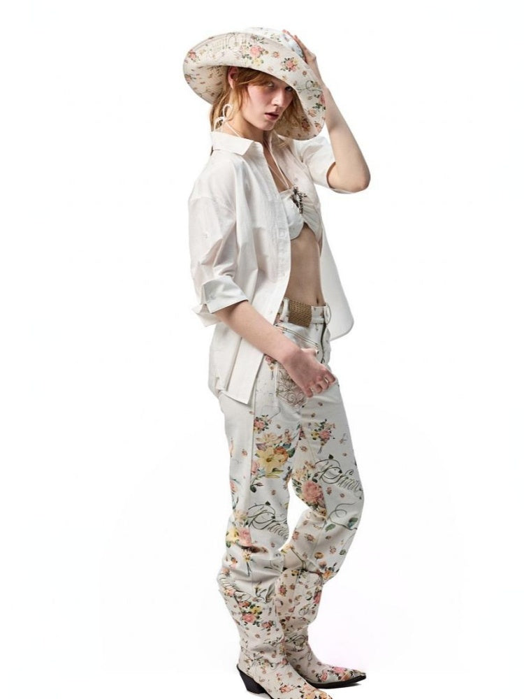 All Over Floral Print Canvas  Relaxed Straight Leg Casual Trousers【s0000012888】