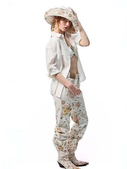 All Over Floral Print Canvas  Relaxed Straight Leg Casual Trousers【s0000012888】