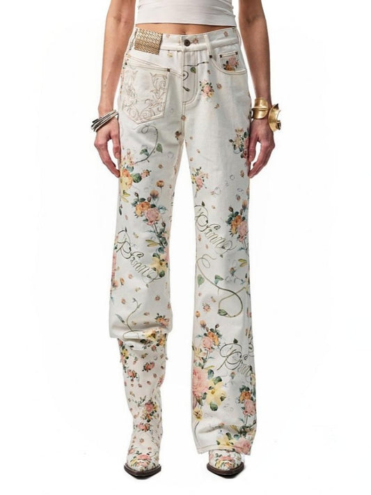 All Over Floral Print Canvas  Relaxed Straight Leg Casual Trousers【s0000012888】