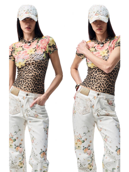 All Over Floral Print Canvas  Relaxed Straight Leg Casual Trousers【s0000012888】