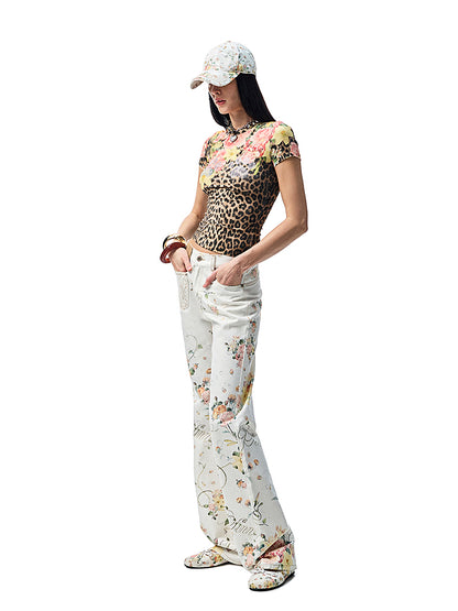 All Over Floral Print Canvas  Relaxed Straight Leg Casual Trousers【s0000012888】