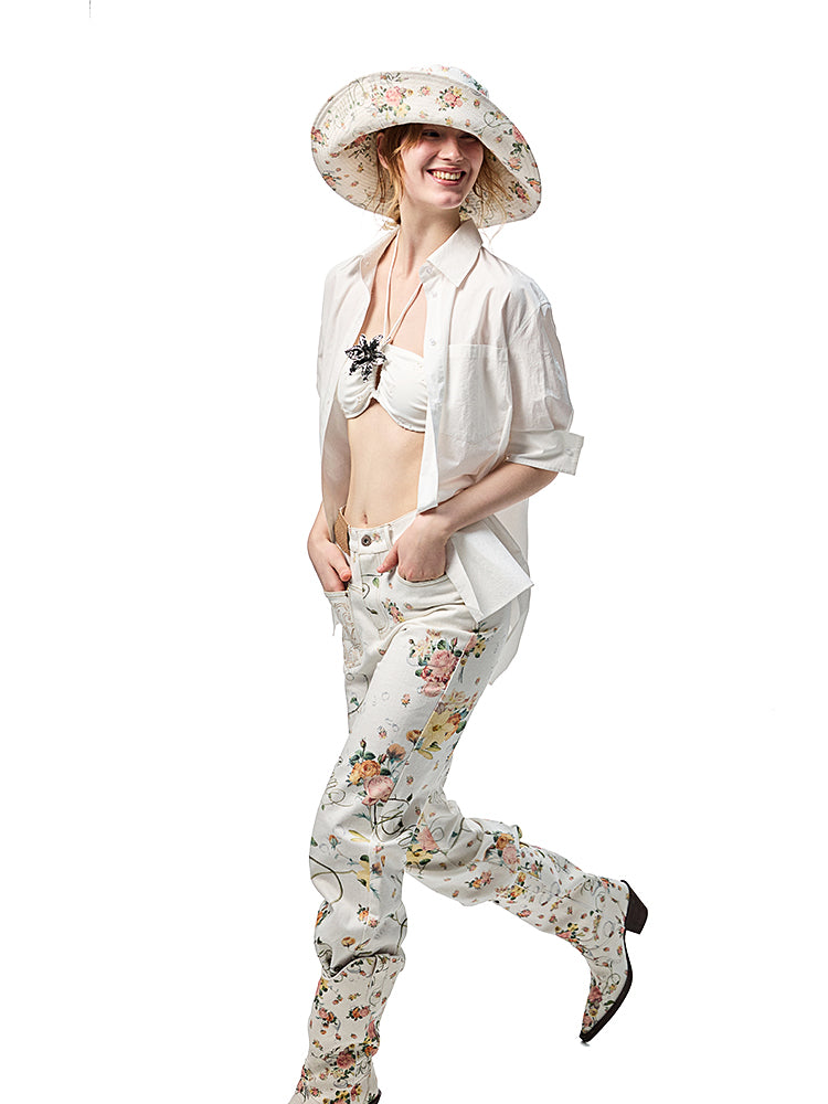 All Over Floral Print Canvas  Relaxed Straight Leg Casual Trousers【s0000012888】